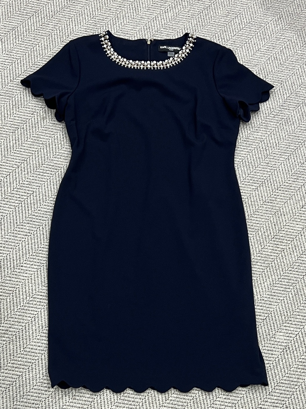 Karl Lagerfeld Navy Scallop Hem Mini Dress with Pearl Collar